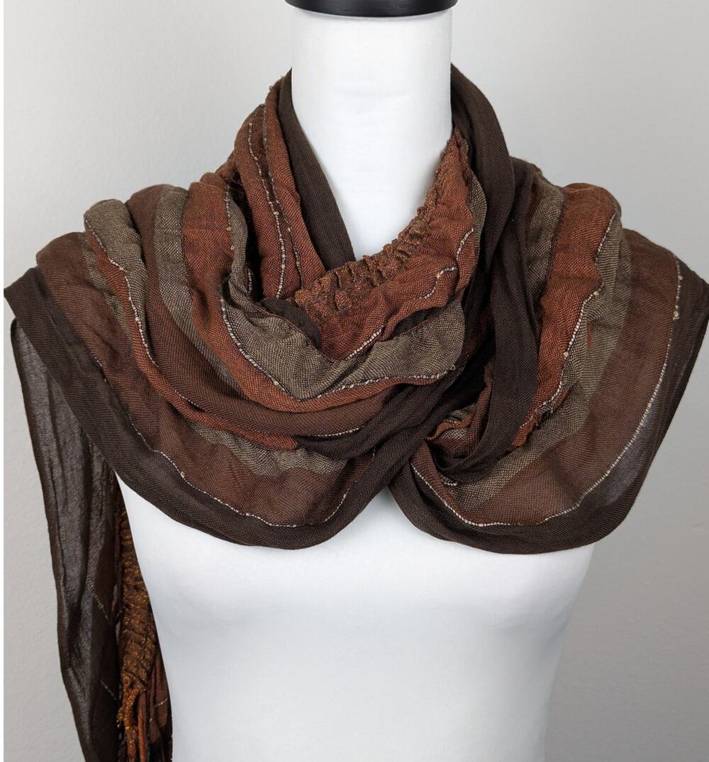 Boho Brown Scarf/Wrap scattered sequins fringe rayon blend 98" X 18"gathered